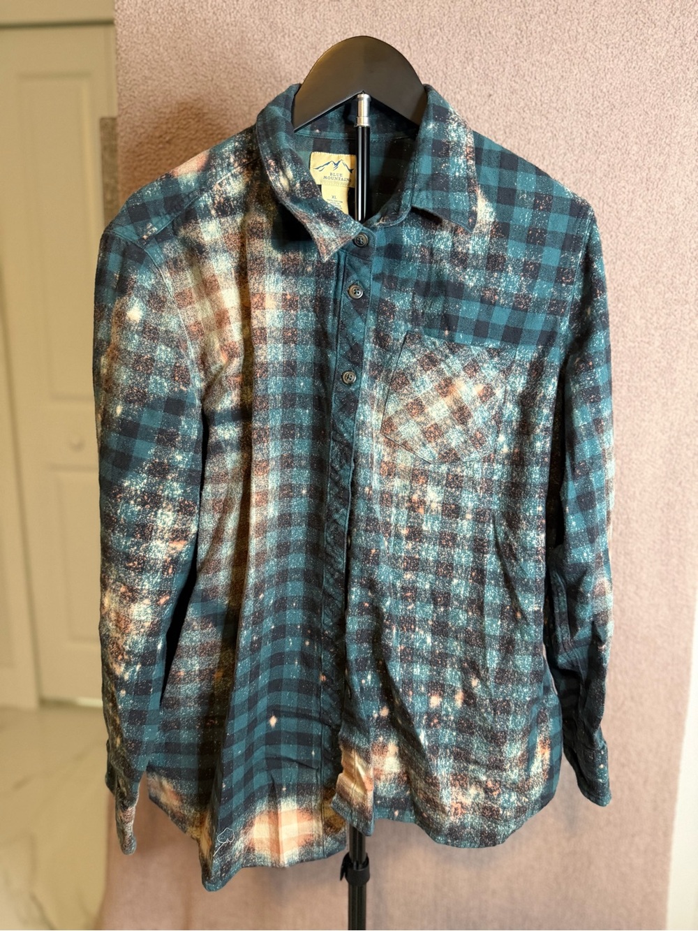 Blue Mountain XL Bleached Plaid Flannel Shirt Grunge Distressed Teal Black